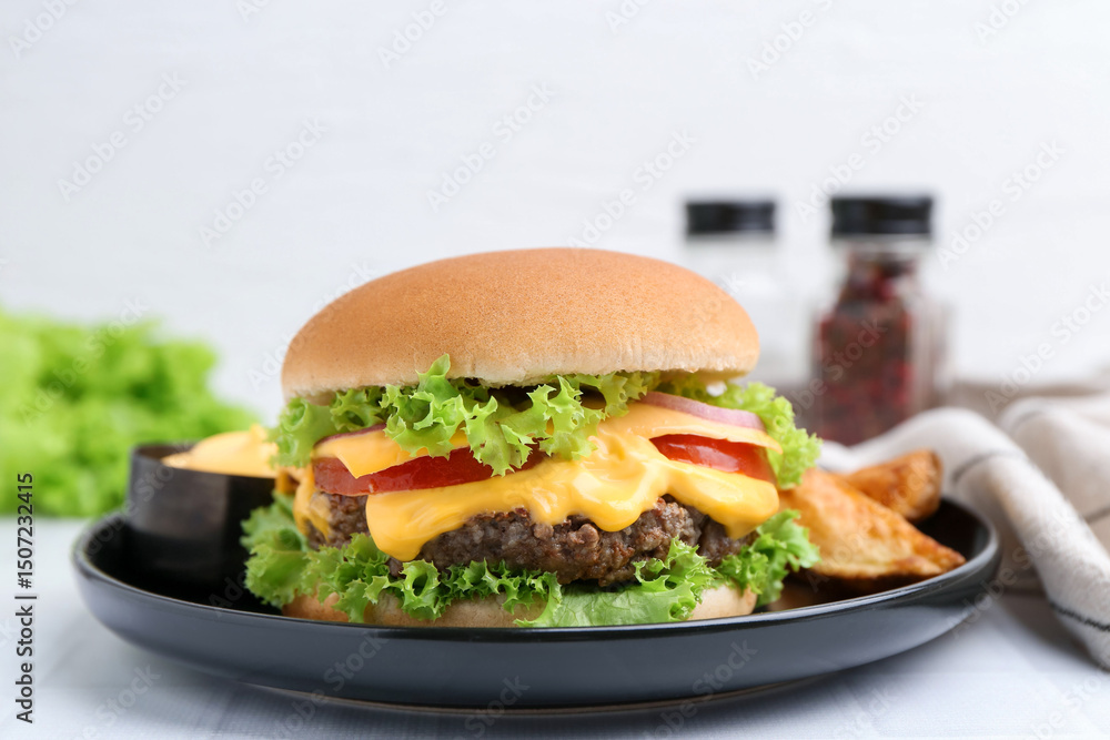 Tasty cheeseburger with sauce and potato wedges on white table, closeup Tasty cheeseburger with sauce and potato wedges on white table, closeup