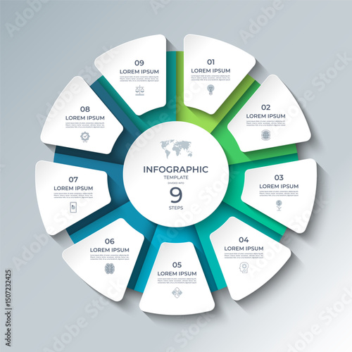 Vector infographic template featuring a modern, 3D-style circular layout divided into 9 steps. Ideal for presenting business processes, timelines, workflows, marketing steps, or educational content.