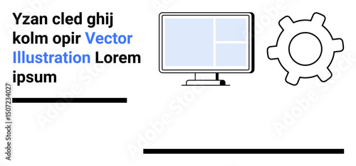 Computer monitor displaying grid layout alongside gear mechanism symbolizing system operations and customization. Ideal for technology services, IT management, software, web development, system
