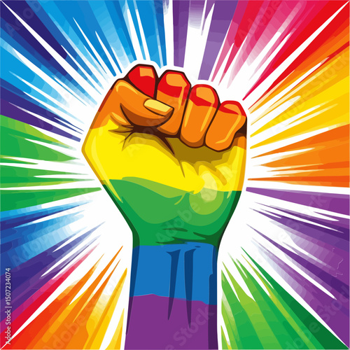 Pride month rainbow power fist in radiant glow background symbolizing strength freedom and equality for all