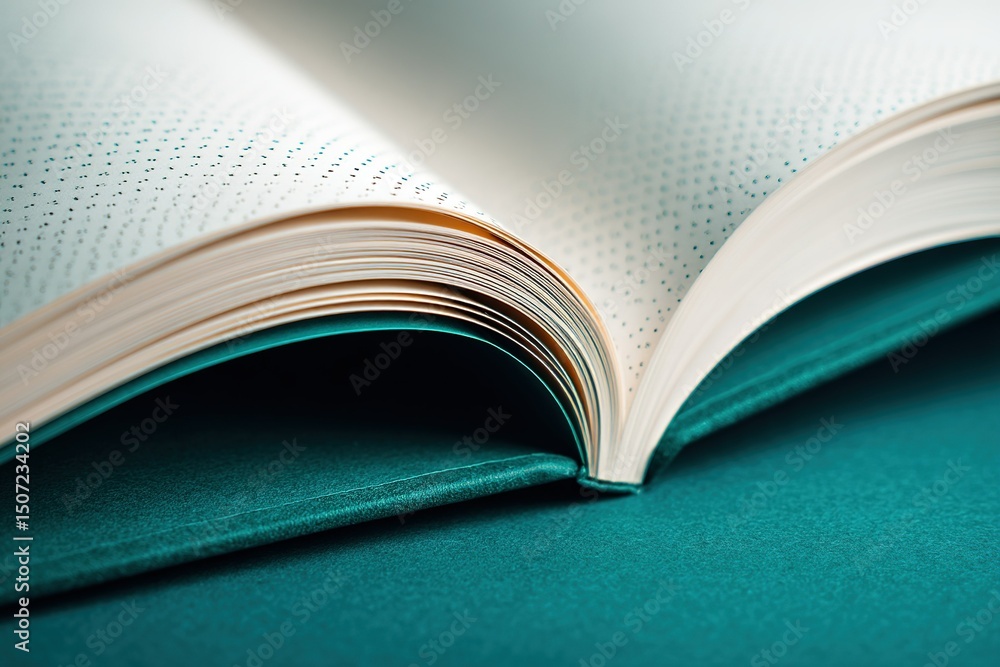 Obraz premium Close-up view of an open book on a teal surface showcasing its textured pages and binding