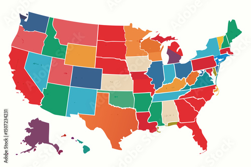 A vibrant vector map of the United States, featuring all 50 states in distinct colors. The design highlights state boundaries with a clean and visually appealing layout