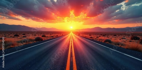 Endless asphalt ribbon stretches towards a vibrant sunset horizon, promising adventure and the open road Perfect for travel, wanderlust, and freedom themes , vibrant, picturesque