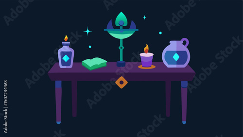 Enchanted Sale Table A table filled with enchanted items glowing with magical effects each with a sign showing exciting promotional deals.