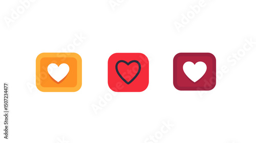 Collection of Three Heart Icons in Orange Red and Burgundy Squares Isolated on White Background Digital Art