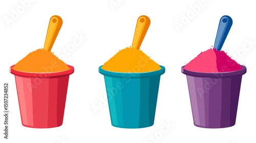 Colorful Buckets of Sand with Orange Blue and Purple Colors for Beach Play in a White Background