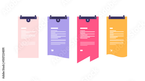 Colorful Clipboards Displaying Documents with Pastel Tones on White Background