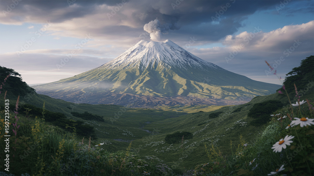 Obraz premium Majestic volcanic mountain landscape under dramatic sky with lush green valley and flowers