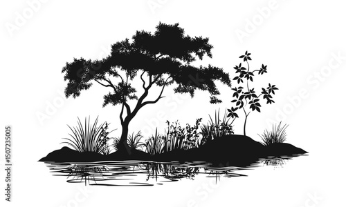 Botanical Element, Ash Tree, Forest Silhouette, Spring Wetland Style, Wild Tree, Nature Clipart, Tree Vector Illustration, woodland flora, green canopy, transparent background.