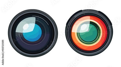Digital Pixel Art Depiction of Two Camera Lenses One Blue and One Orange Reflective Isolated on White Background