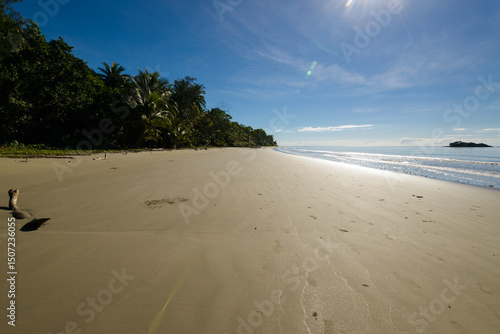 Tropical beach scene with silvery shimmering light and flare