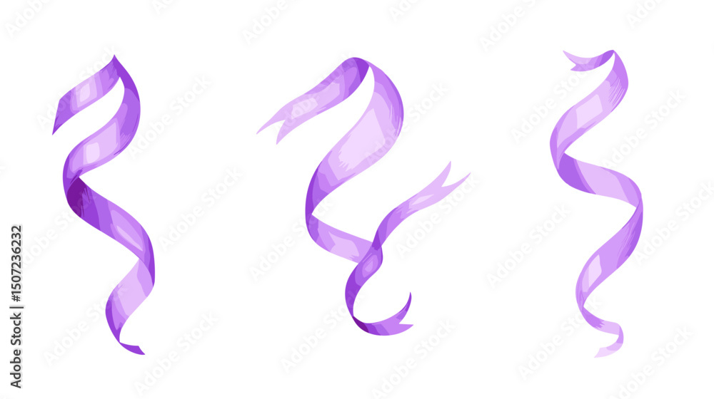 Obraz premium Floating Purple Ribbons in Various Curving Shapes on a White Background