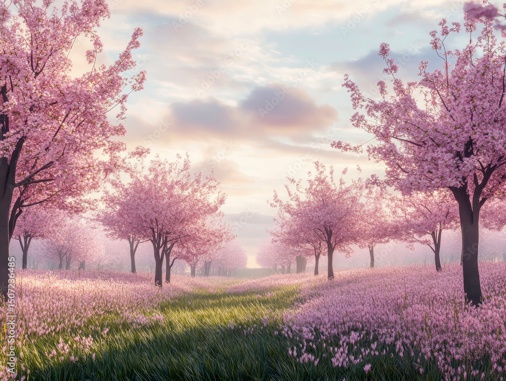 Obraz premium Delicate cherry blossoms adorn the tranquil countryside orchard, filling the air with sweet fragrance as the sun shines brightly on this peaceful spring day, inviting all to enjoy nature's beauty