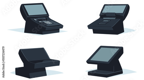 Four Black Point of Sale Terminals with Gray Screens in Isometric Pixel Art Style