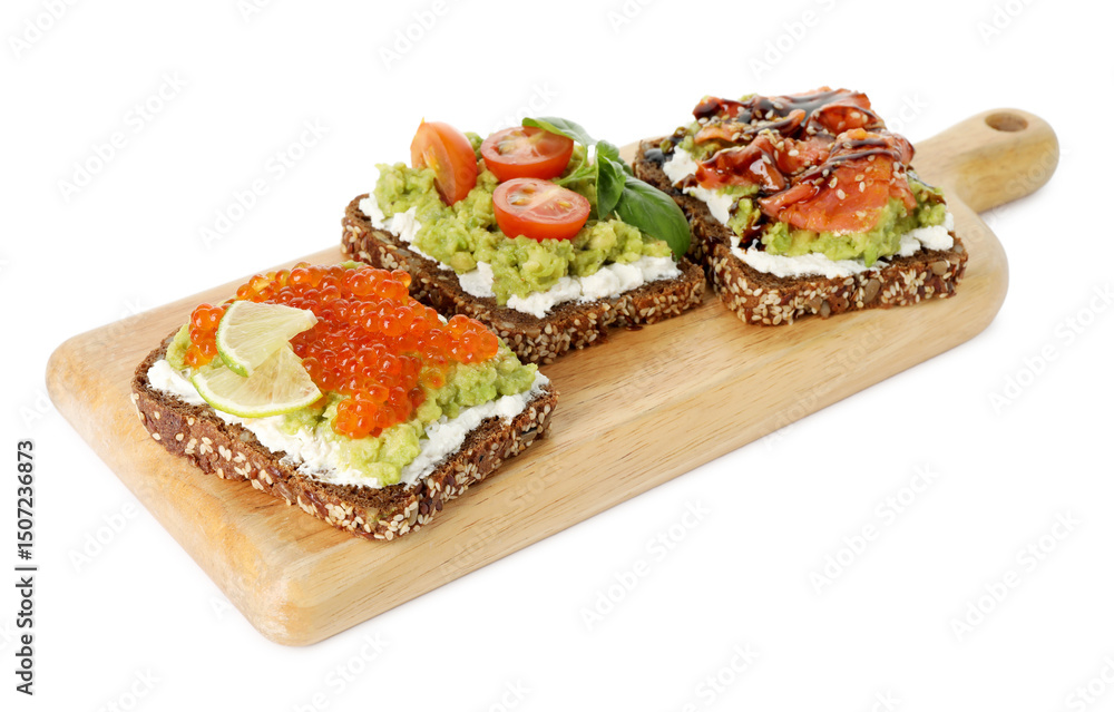 Different delicious avocado sandwiches isolated on white Different delicious avocado sandwiches isolated on white
