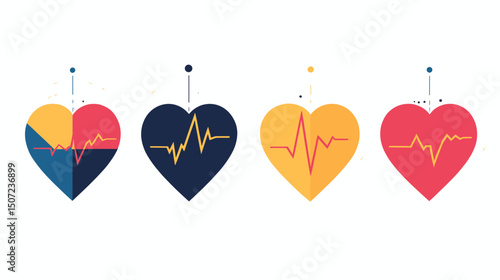 Four Colorful Heart Rate Pulse Icons on White Background for Medical Health Monitoring Design