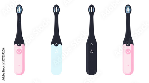 Four Electric Toothbrushes in Pink Blue and Black Color Variants in a Group Isolated Against a White Background