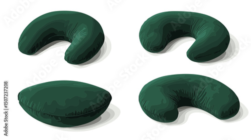 Four Emerald Green U Shaped Neck Pillows for Comfortable Travel and Relaxation on White Background
