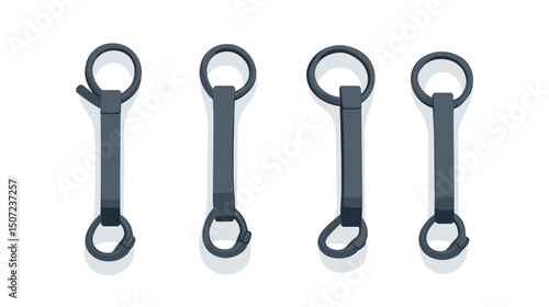 Four Grayish Metal Rings Hanging on White Background in a Studio Setting with Even Lighting and Subtle Shadows