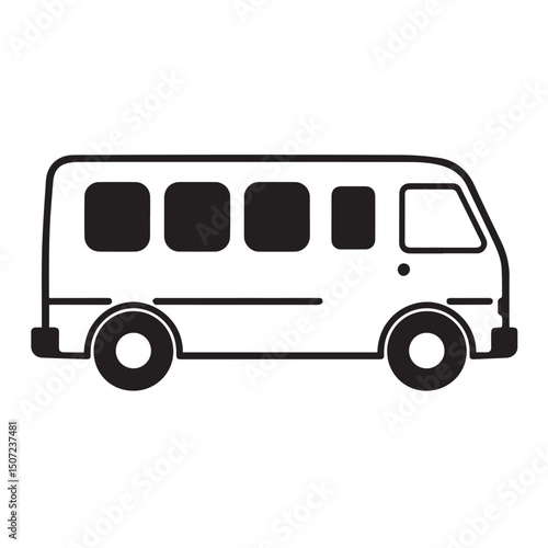 Simple black and white illustration of a small passenger bus
