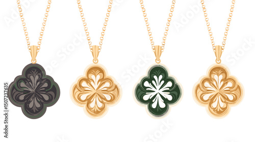 Four Leaf Clover Pendants in Gold Chains on White Background Perfect For High End Jewelry and Fashion Accessories