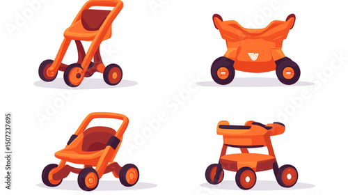 Four Orange Pixel Art Strollers with Different Styles Isolated on White Background