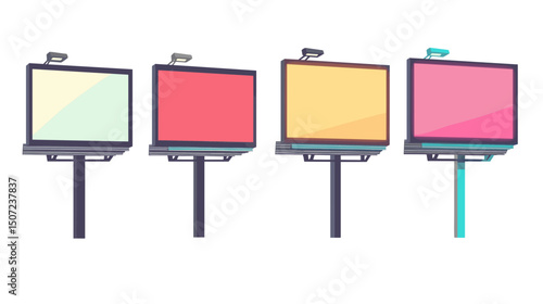 Four Pastel Colored Billboards with Rectangular Frames on Posts Against White Background for Outdoor Advertising