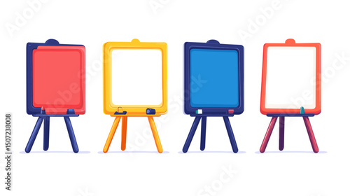 Four Pixel Art Easels with Red Yellow Blue and White Boards on a White Background