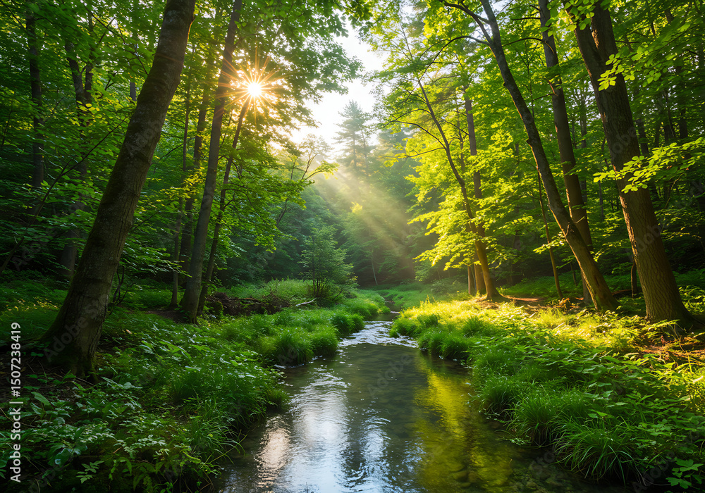Fototapeta premium Lush Green Forest Scene: Sunrise Sunlight Filtering Through Trees, Tranquil Creek, Nature Photography
