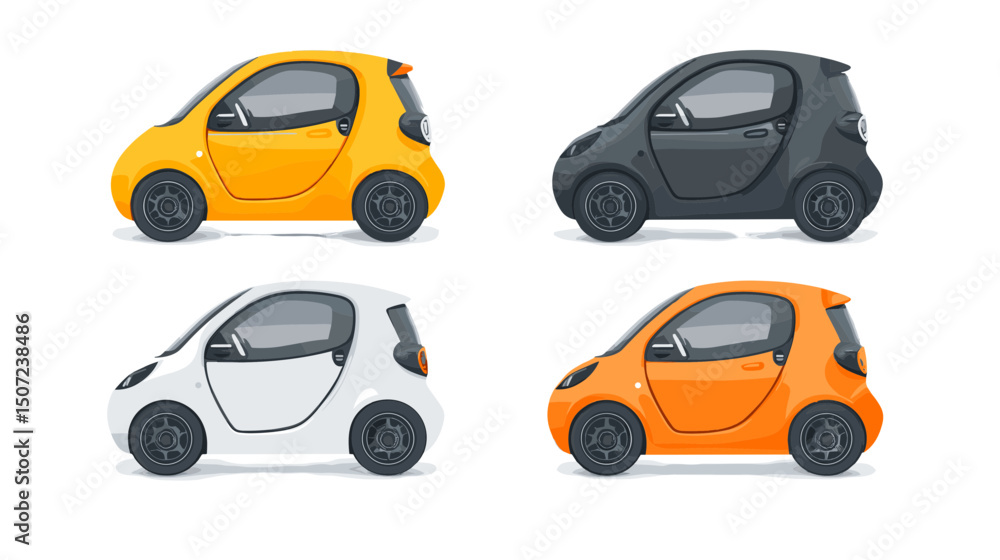 Fototapeta premium Four Pixelated Compact Cars in Yellow Black Orange and White Colors Isolated on White Background