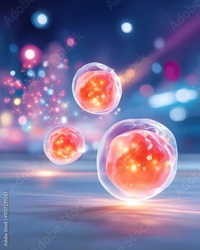 Three glowing biological cells float in a vibrant, abstract environment with bokeh lights and soft blue and pink hues.