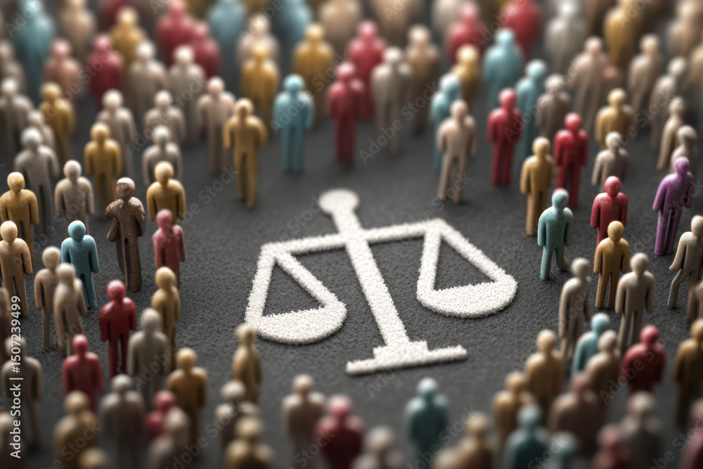 Obraz premium A large crowd assembled to express their support for justice, equality, and rights, gathering around a prominent symbol of scales that represents balance and fairness in society