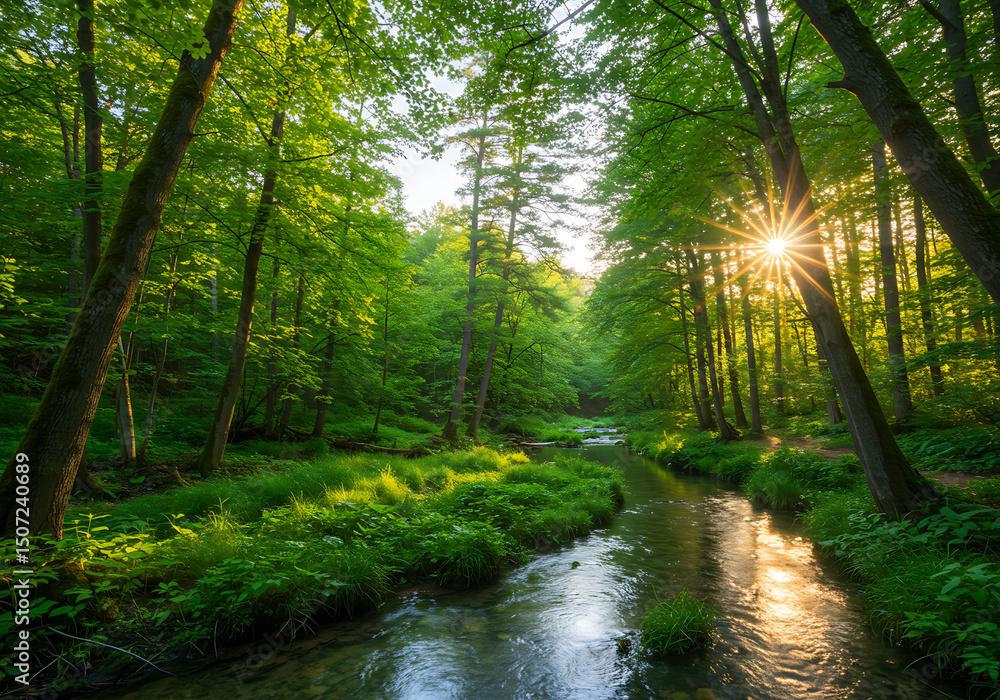 Sunlit Forest Stream: Lush Greenery, Tranquil Nature Scene Sunlit Forest Stream: Lush Greenery, Tranquil Nature Scene