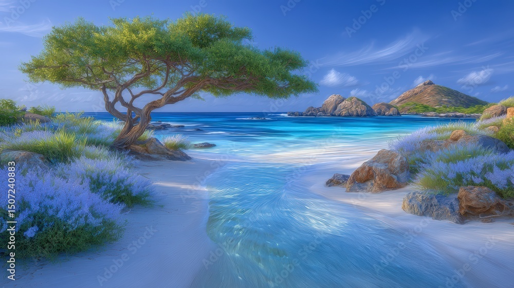 Obraz premium Serene Beachscape Divi Divi Tree Azure Ocean Lavender Flowers