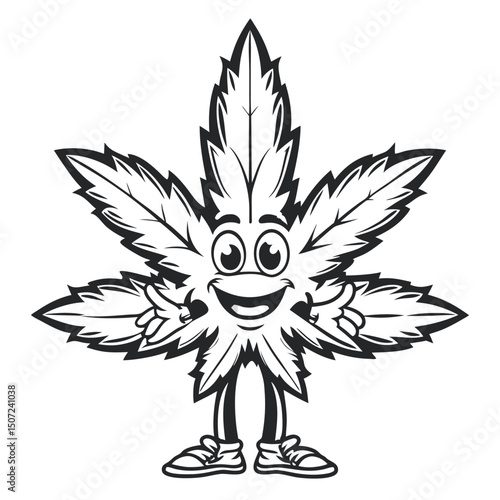 Monochrome Cartoon: Cheerful Cannabis Leaf Character With Shoes & Friendly Gesture                                                                    