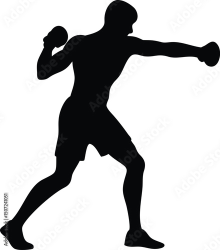 Boxing Silhouette: Fighter Launching a Powerful Jab in Black and White                                                                                