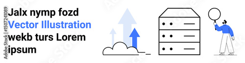 Cloud with upward arrows, server racks symbolizing hosting, man holding speech bubble. Ideal for technology, cloud computing, communication, storage, networking, collaboration simple landing page