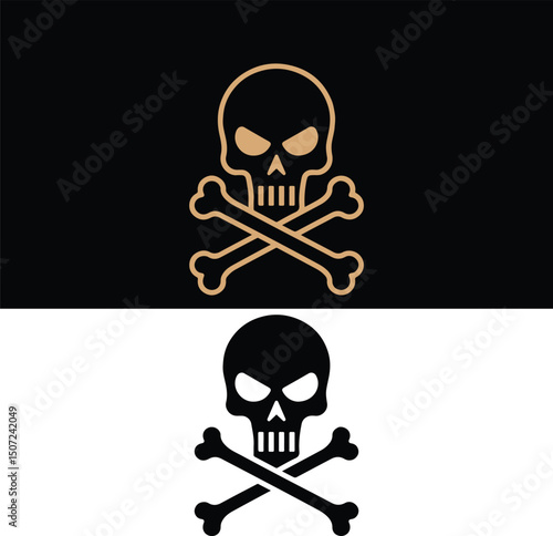 Skull and Crossbones Icon in Black and Gold – Pirate Danger Symbol Vector