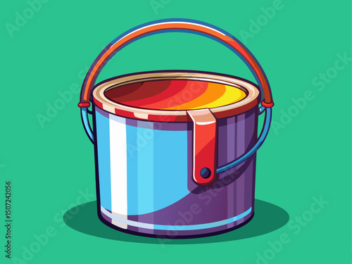 A clean vector of an open paint bucket with a metal handle and fresh paint inside, placed alone on a solid background
