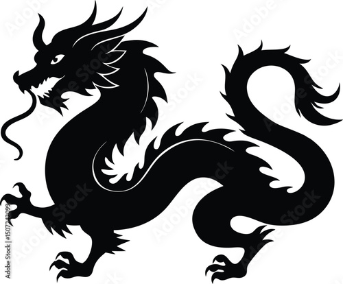 Chinese dragon silhouettes vector, Chinese dragon black silhouette flat symbol. vector illustration