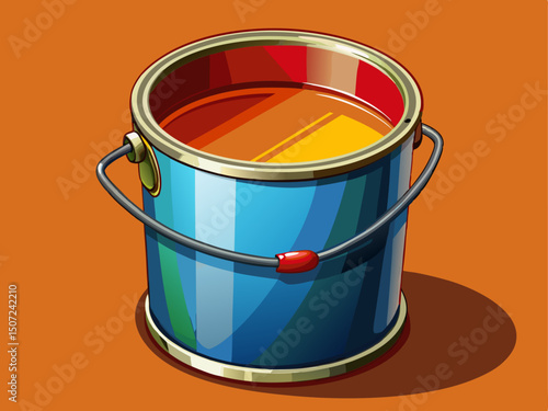 A clean vector of an open paint bucket with a metal handle and fresh paint inside, placed alone on a solid background