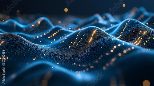 Abstract blue wavy background with glowing dots of light over a dark backdrop