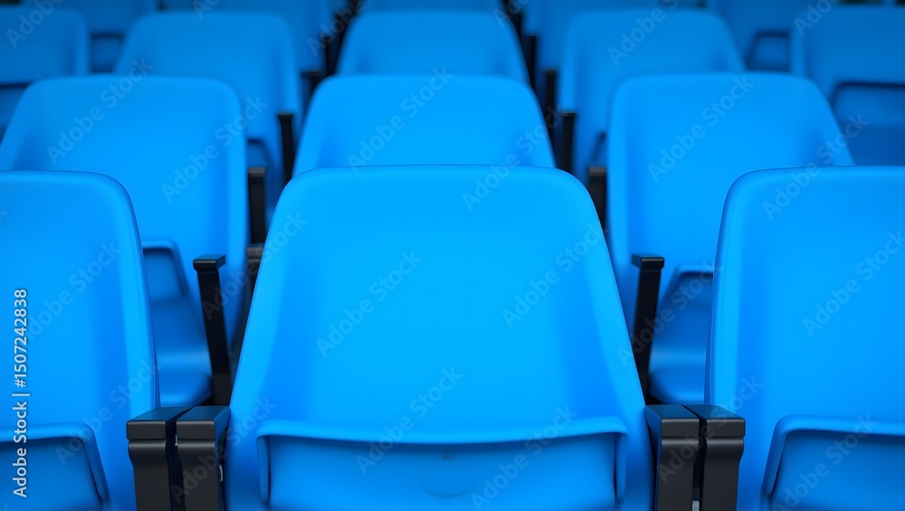 Obraz premium Rows of vibrant blue stadium seats await spectators, a scene of anticipation and potential excitement before a thrilling event unfolds.