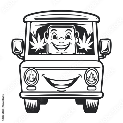 Cartoonish Black and White Illustration of a Car with a Smiling Face and Cannabis Leaves in the Windows, a Vector Graphic                             