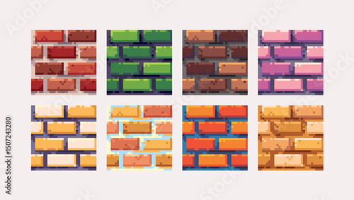 Stone castle bricks pixel art square blocks. Brickwork wall 8 bit platform tiles. Game development, mobile app template. Texture grid vector illustration.