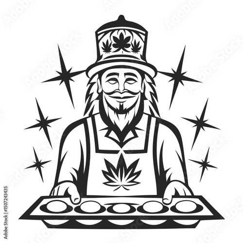 Mystical Baker with Tray of Cannabis-Infused Treats, Black and White Vector Art for Creative Designs and Applications.                                