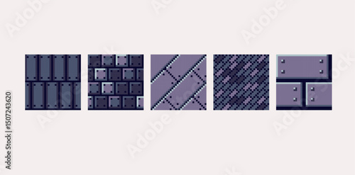 Metallic industrial pixel art square blocks. Iron and steel seamless pattern textures 8 bit platform tiles. Game development, mobile app template. Texture grid vector illustration.