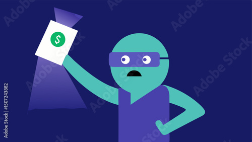 Checking Authenticity A character holding a counterfeit bill up to a UV light with a worried expression suggesting concern over the quality of their fake currency.