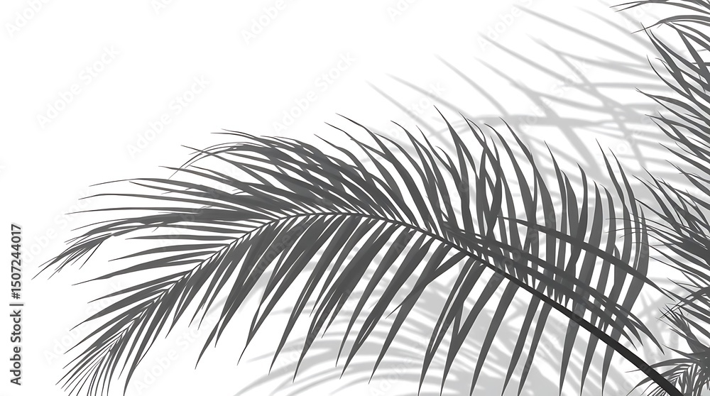 Obraz premium Soft, pale gray shadows of palm fronds overlay a white background.