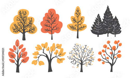 Autumn mountain theme beech tree silhouettes, rustic wild trees, forest nature clipart, seasonal flora, hand-drawn tree shapes, vector illustration, outdoor scenery, natural environment.